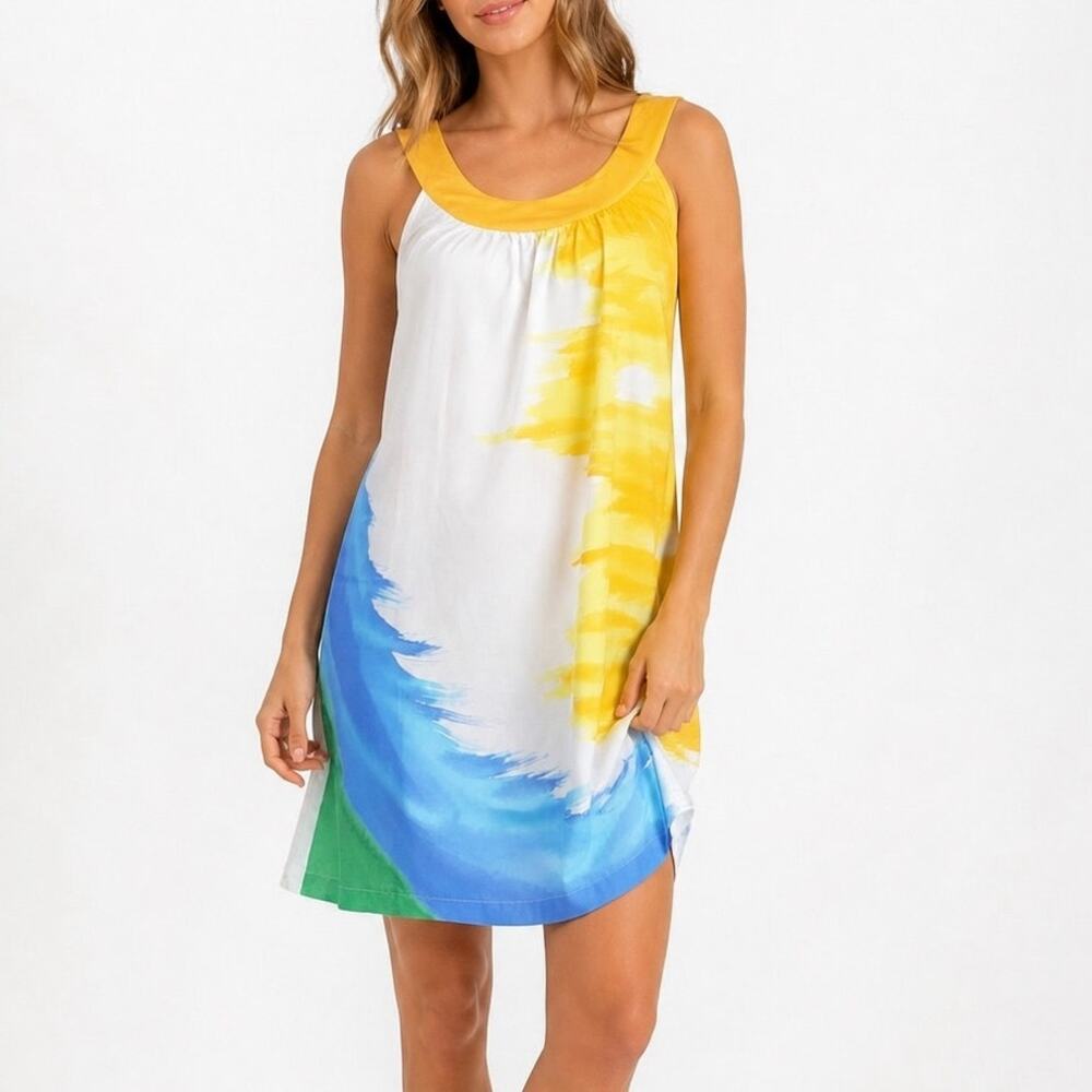 Pixie Abstract Colorblock Mini Dress Yellow Blue Green Cotton Small Artsy‎ Beach